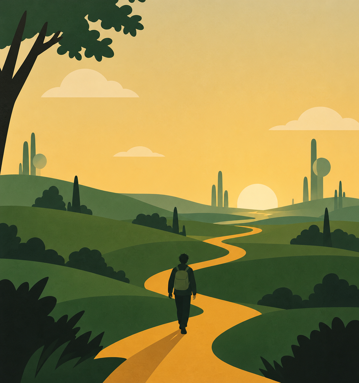Illustratie van een wandelaar met rugzak op een gouden pad door groene heuvels, richting de zon